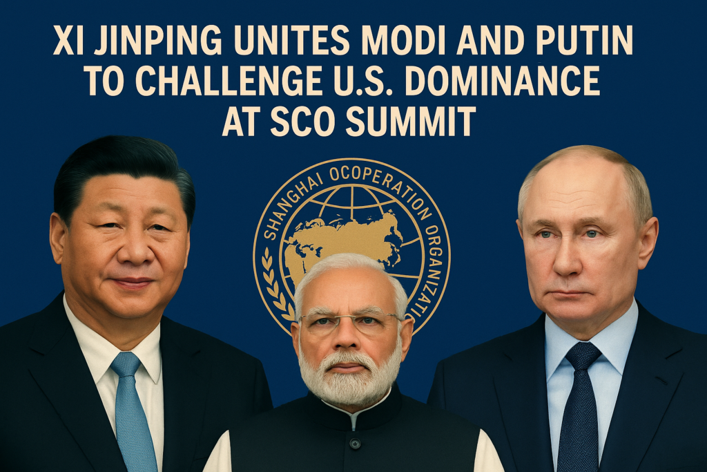 An editorial-style graphic showing Xi Jinping, Narendra Modi, and Vladimir Putin standing together with the Shanghai Cooperation Organisation (SCO) emblem behind them. The headline emphasizes their united front at the SCO Summit to challenge U.S. dominance.