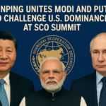 An editorial-style graphic showing Xi Jinping, Narendra Modi, and Vladimir Putin standing together with the Shanghai Cooperation Organisation (SCO) emblem behind them. The headline emphasizes their united front at the SCO Summit to challenge U.S. dominance.